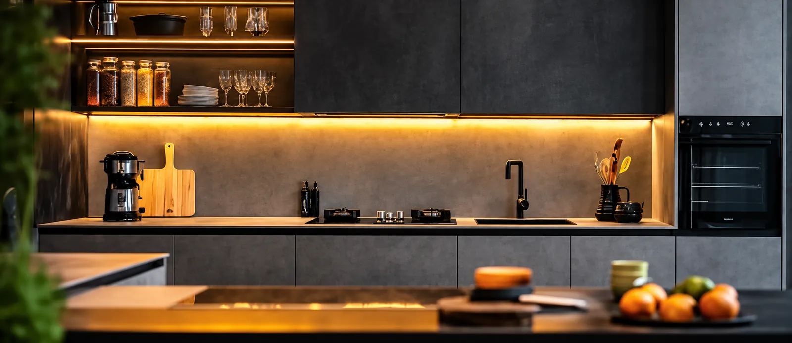 Dark stainless steel modular kitchen with warm under-cabinet lighting